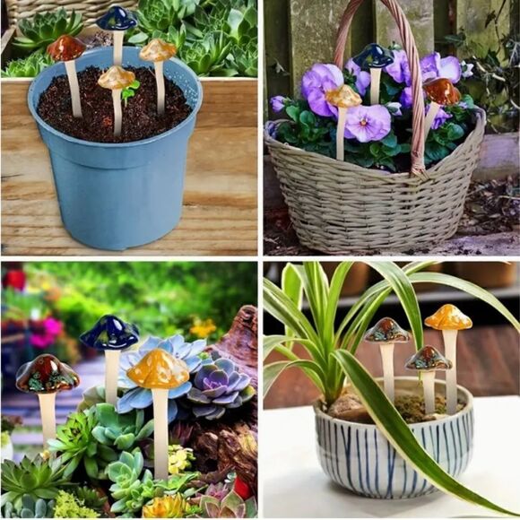 Ceramic Mushrooms Garden Stakes Set of 4 Miniature Figurines Fairy Garden - Picture 3 of 3